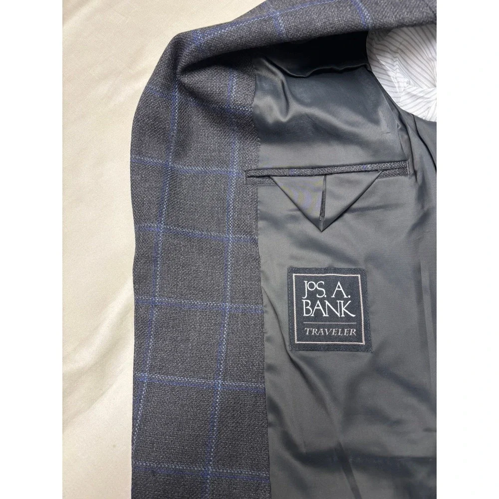 Jos. A. Bank Traveler Blazer Mens 40R Grey Blue Windowpane Plaid 100% Wool